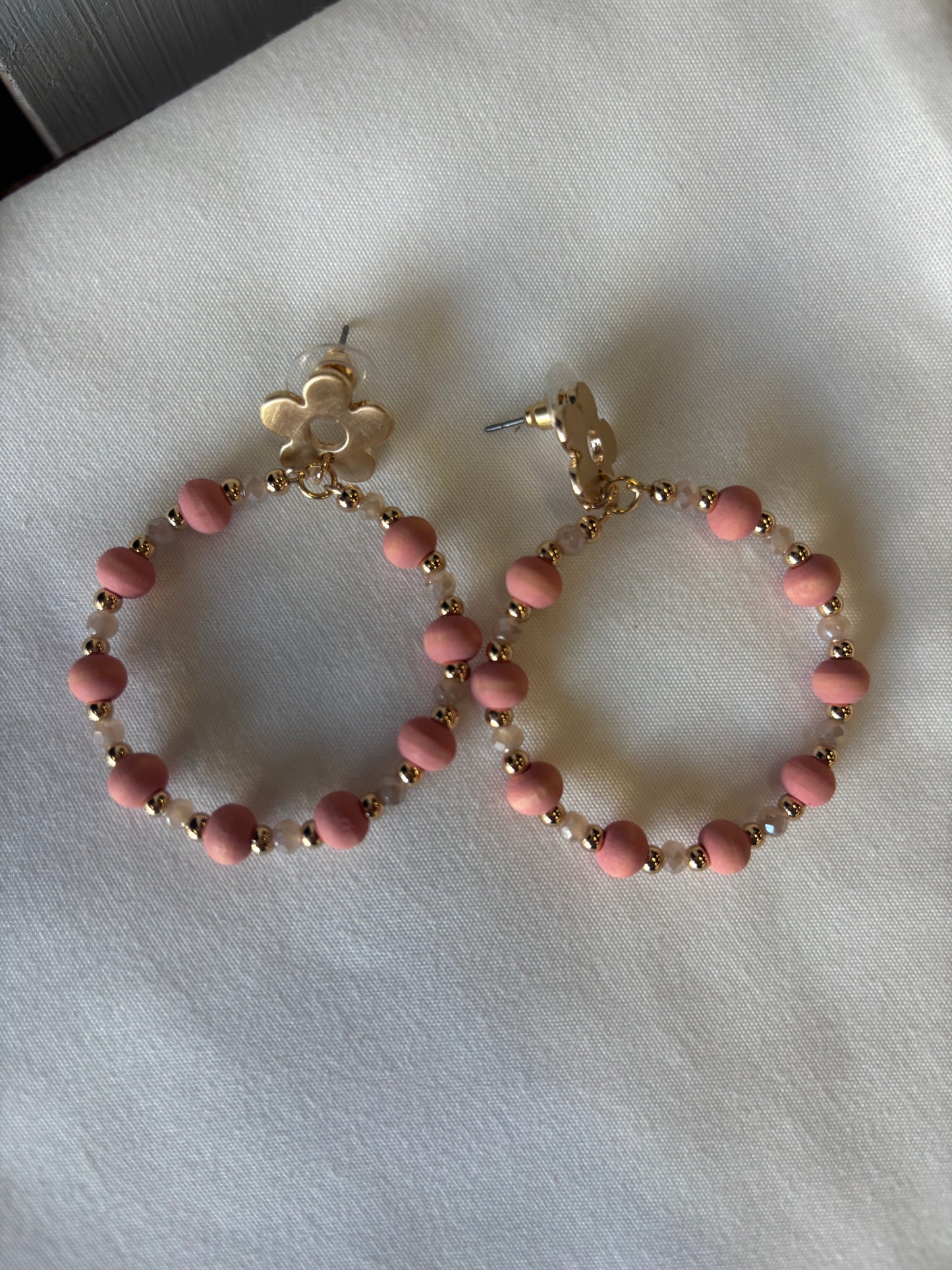 Gold Flower and Pink Wood Drop Earrings