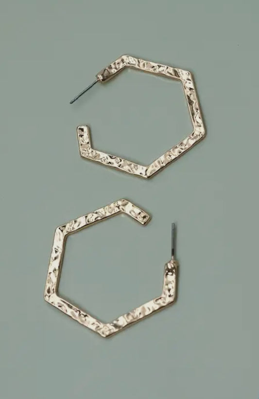 Hammered Hexagon Hoop Earrings