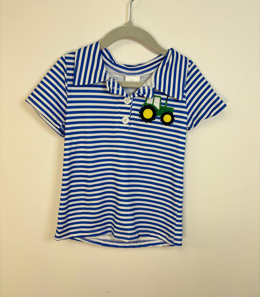 Little Boy Striped Tractor Farm Polo Shirt