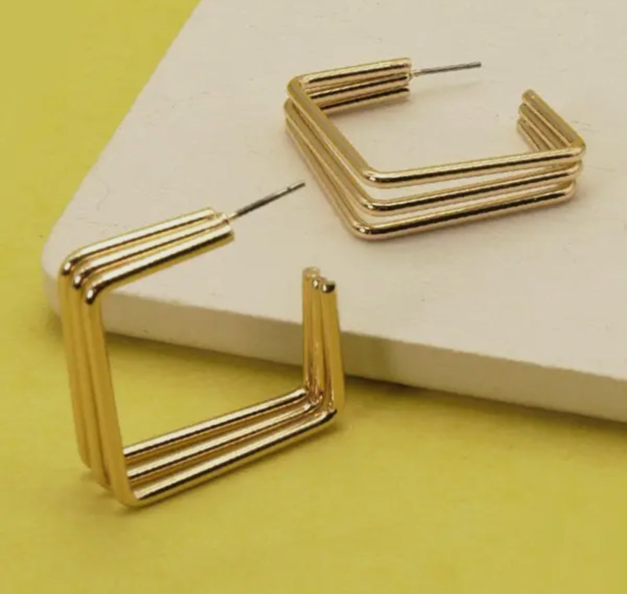 Tri Row Square Gold Hoops