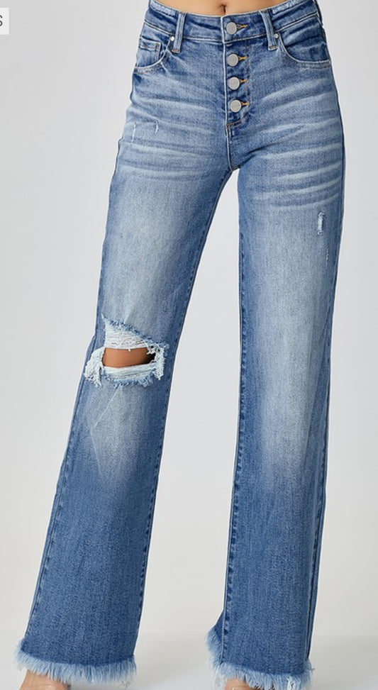 Curvy Risen Button Down Wide Leg Jeans