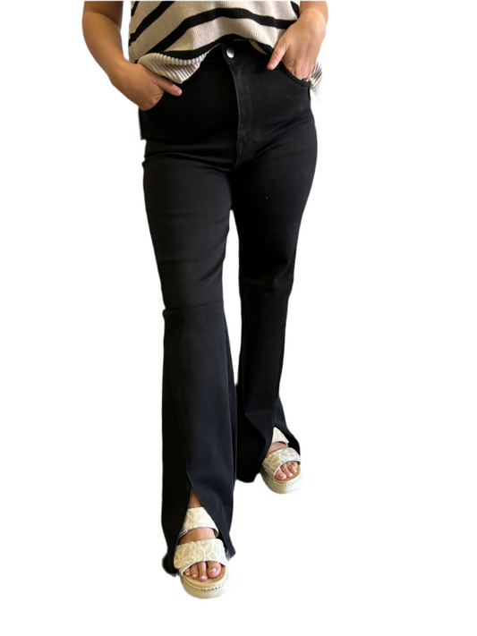 Black Front Slit Straight Jeans