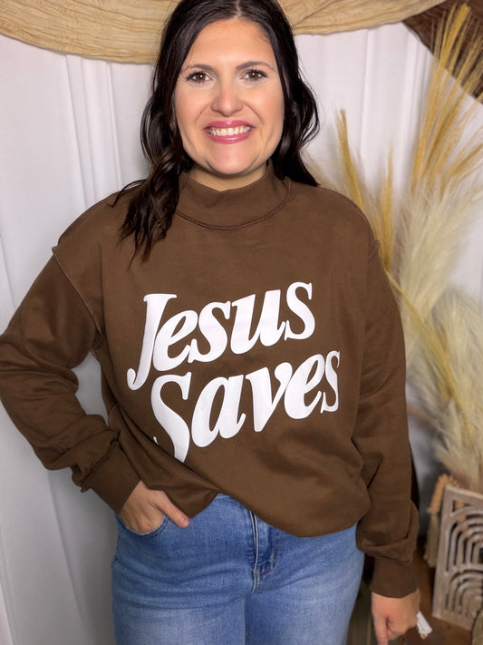 Jesus Saves Brown MockNeck