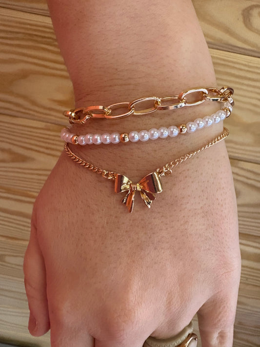 Bow Pearl Link Trio Bracelet