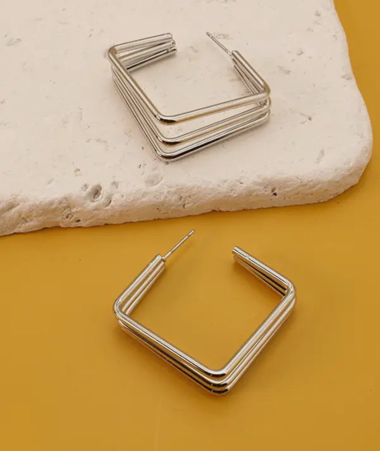 Tri Row Square Silver Hoops